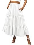 ANRABESS Women’s Summer Boho Flowy Swing Tiered A-Line Midi Skirt 2024 Fashion Trendy Elastic Waist Pleated Long Beach Dress with Pockets White Small