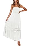 ZESICA Women's 2024 Summer Bohemian Strapless Off Shoulder Lace Trim Backless Flowy A Line Beach Long Maxi Dress,White,Small