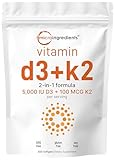 Micro Ingredients Vitamin D3 5000 IU with K2 100 mcg, 300 Soft-Gels | K2 MK-7 with D3 Vitamin Supplement, 2 in 1 Support Immune, Heart, Joint, Teeth & Bone Health - Easy to Swallow