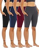 WHOUARE 4 Pack Biker Yoga Shorts with Pockets for Women,High Waisted Athletic Running Workout Gym Shorts Tummy Control,Black,Navy,Dark gray,Burgundy,L