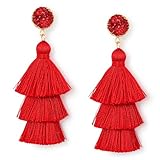 Me&Hz Red Tassel Earrings Layered Fringe Statement Dangle Drop Red Earrings for Women Girls Dangling Red Christmas Earrings Large Holiday Earrings Costume Jewelry Valentines Day Gift