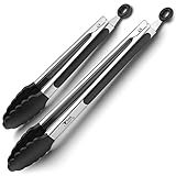 Tribal Cooking Kitchen Tongs with Silicone Tips - Stainless Steel tongs for cooking - 9' and 12' Tongs With Silicone Rubber Grips, Small and Large - Metal BBQ Tongs with Locking