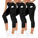 ZOOSIXX 3 Pack Capri Leggings for Women, High Waisted Yoga Pants with Pockets Soft Black for Running Workout