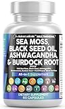 Sea Moss 3000mg Black Seed Oil 2000mg Ashwagandha 1000mg Turmeric 1000mg Bladderwrack 1000mg Burdock 1000mg & Vitamin C & D3 with Elderberry Manuka Dandelion Yellow Dock Iodine Chlorophyll ACV