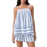 Pivanzore Y2K Striped Pajama Set Women 2 Piece Camisole Babydoll Tops and Striped Boxer Shorts Matching Pj Set Lounge Sets(Blue,Large)