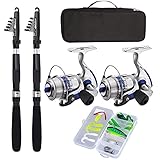 Fishing Pole Combo Set,2.1m/6.89ft 2PCS Collapsible Rods 2PCS Spinning Reels Lures Set Carrier Bag Carbon Fiber Telescopic Fishing Rods Sea Saltwater Freshwater Kit Fishing Rod Reel Combos