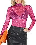 MANGOPOP Women's Long Sleeve Short Sleeve Glitter Sheer Mesh Tops T-Shirt Clubwear Tees (1111 (Rose Pink), Large)