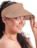 Straw Visor Hats for Women Foldable Womens Beach Sun Hat Wide Brim Roll Up Visors Summer Ponytail Packable Travel Sunhat UPF50+ (Khaki)