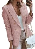 Happy Sailed Womens Tweed Blazer Jackets Spring Fall Long Sleeve Double Breasted Casual Jackets Slim Fitted Lapel Open Front Business Office Blazer Professional Outfits Pink Small